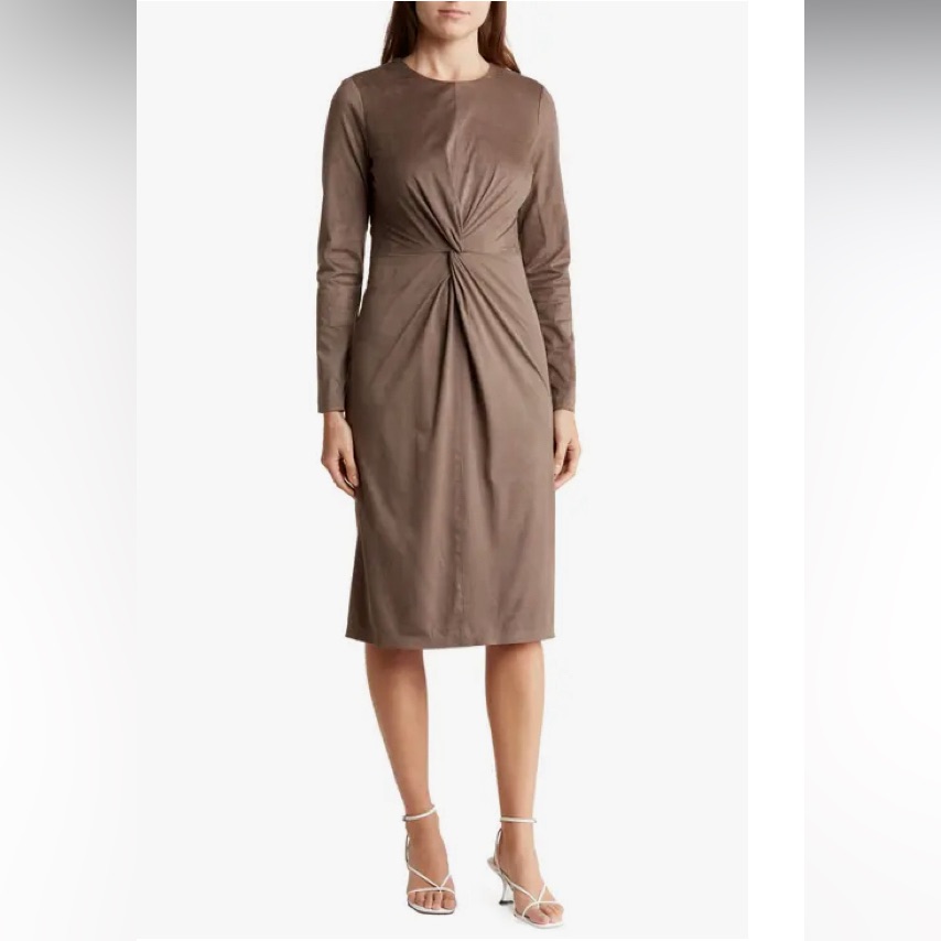 Brand New Donna Karan New York Front Twist Long Sleeve Faux Suede Dress